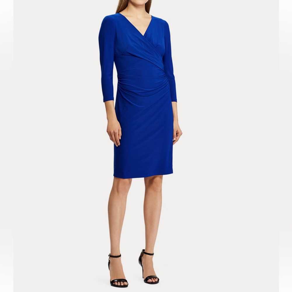 Ralph Lauren Jersey Three-Quarter-Sleeve Dress Side Ruching Cobalt Women Size 2